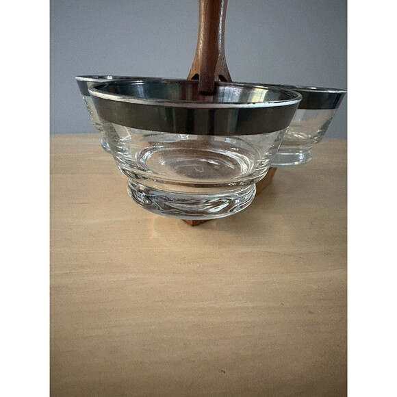 Vintage Libbey 3 Piece Glass Bowl Condiment Set w/ Wood Caddy MCM Mid Century 50 - Picture 12 of 15